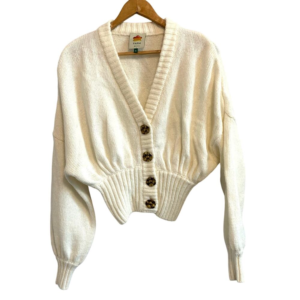 Farm Rio Cream Chunky Ribbed Knit Button Cardigan Sweater Size XS